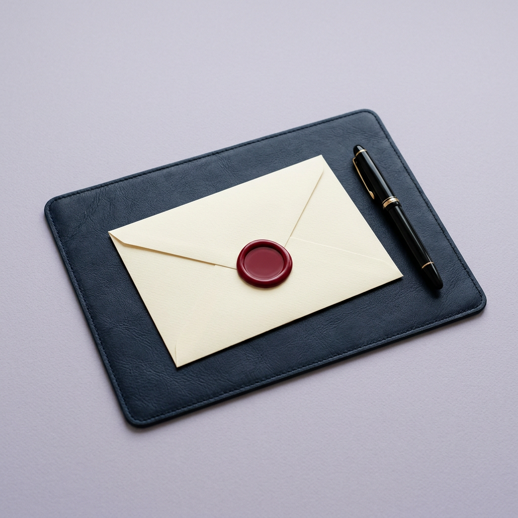 Une enveloppe crème au cachet de cire rouge sur un sous-main bleu nuit, avec un stylo plume noir.