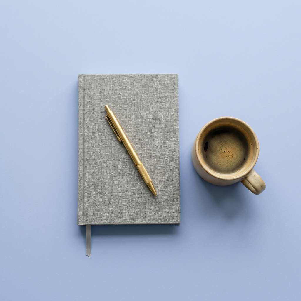 Un carnet en lin gris, un stylo doré et une tasse de café sur fond bleu pervenche.