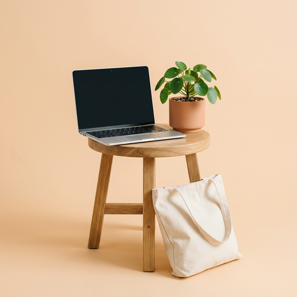 Un ordinateur portable ouvert sur un tabouret en bois, avec une plante et un sac en toile, sur fond pêche.