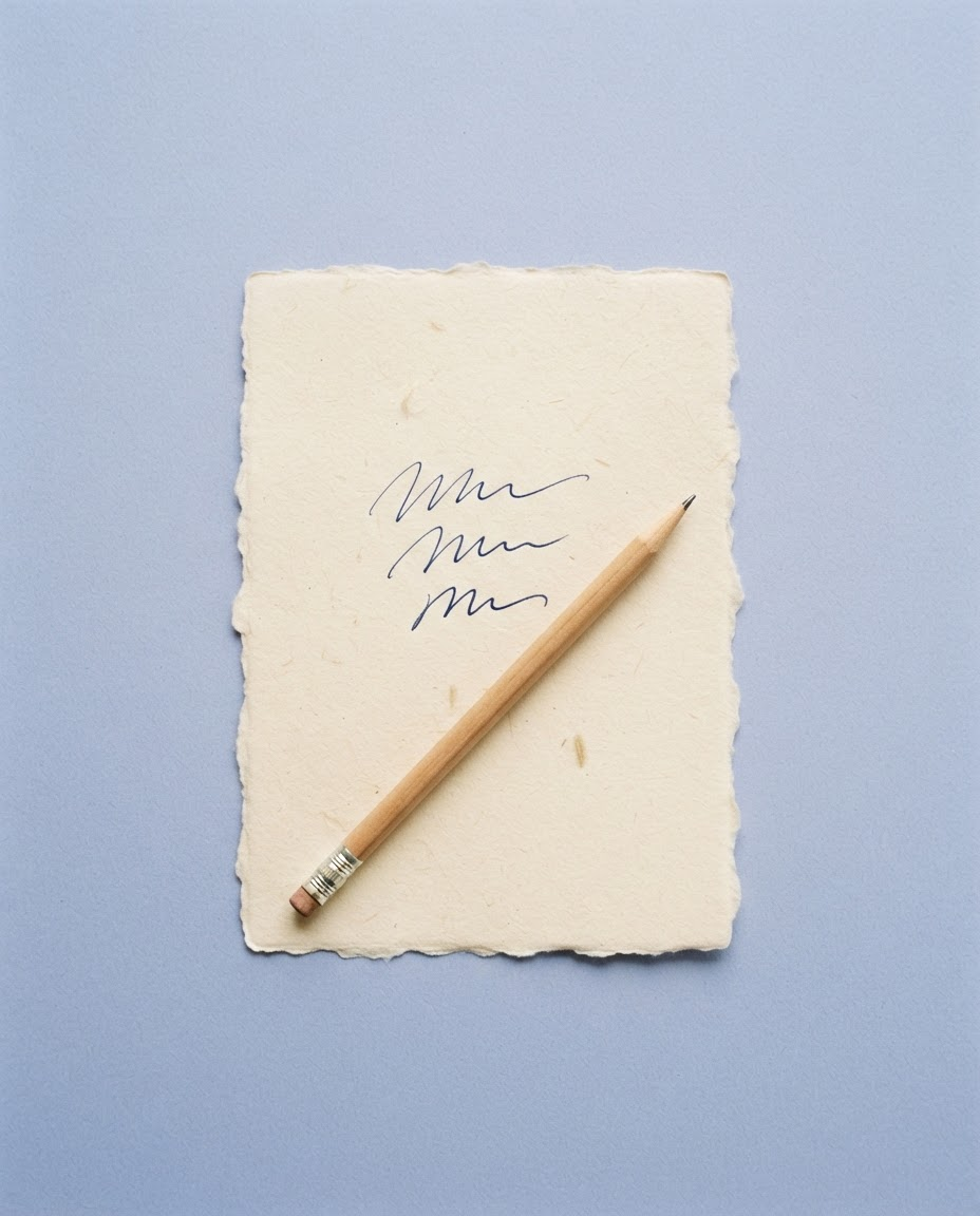 Une feuille de papier crème, avec trois traits d’encre bleue et un crayon posé en travers, sur fond bleu pervenche.