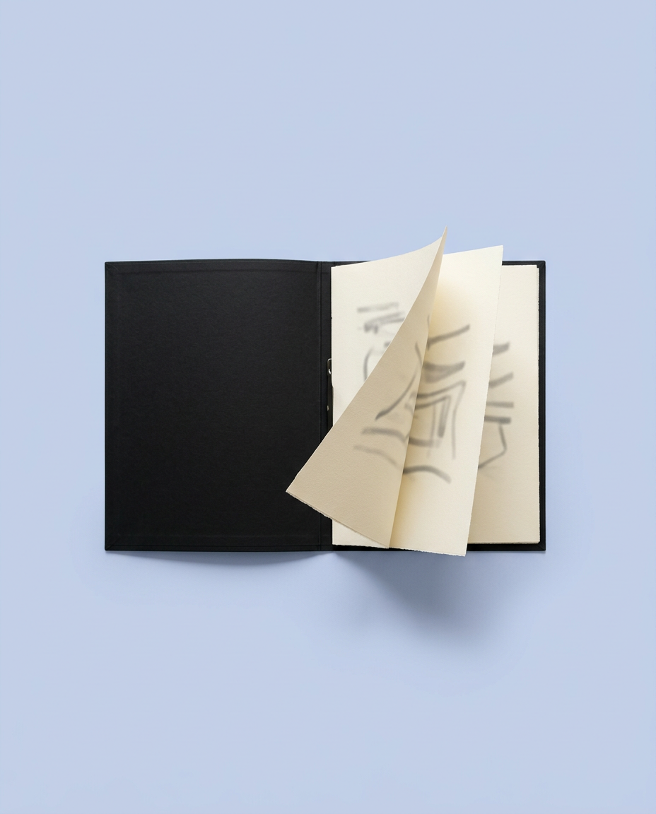 Une chemise noire ouverte dont les pages crème se tournent, sur fond bleu pervenche.