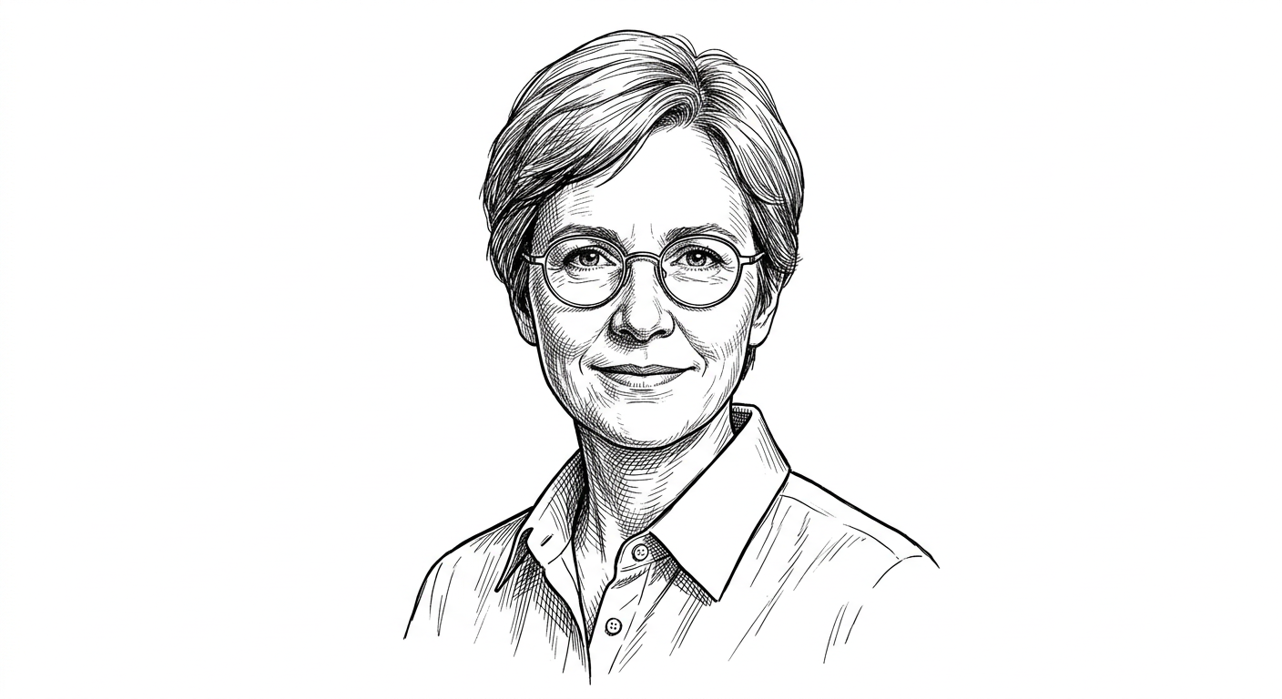 Dessin au trait d’une femme aux cheveux courts et aux lunettes rondes, personnage fictif de l’échantillon.