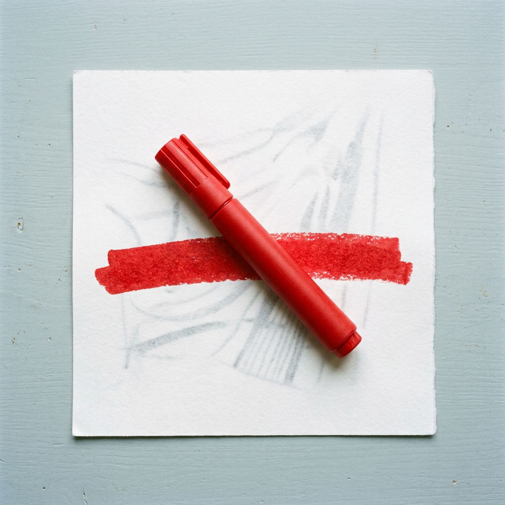 Un feutre rouge posé sur une feuille barrée d’un large trait rouge.