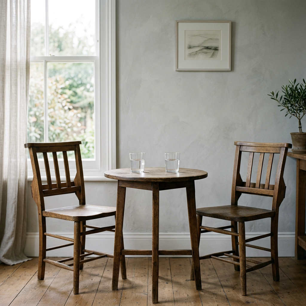 Deux chaises en bois face à face autour d’une petite table ronde, deux verres d’eau, une fenêtre lumineuse.