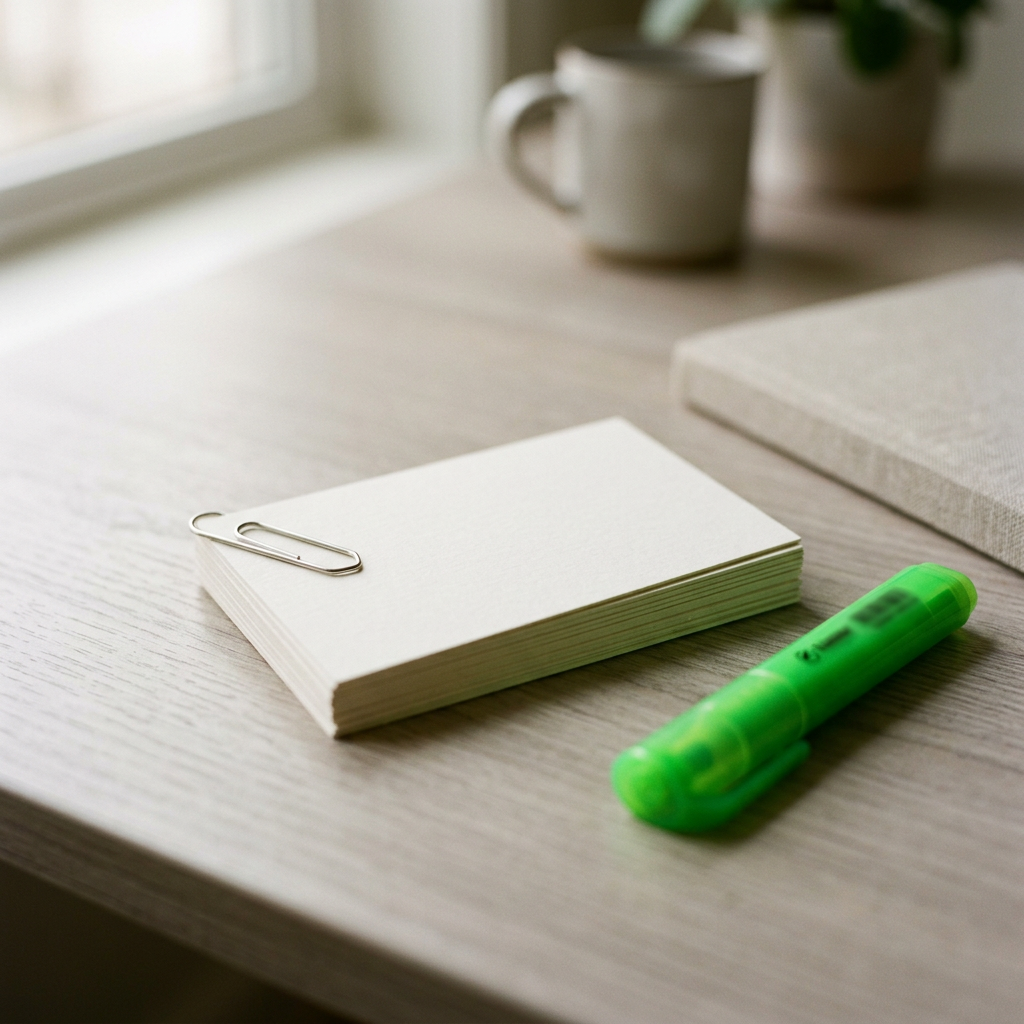 Une pile de fiches blanches retenues par un trombone, à côté d’un surligneur vert, sur un bureau clair.